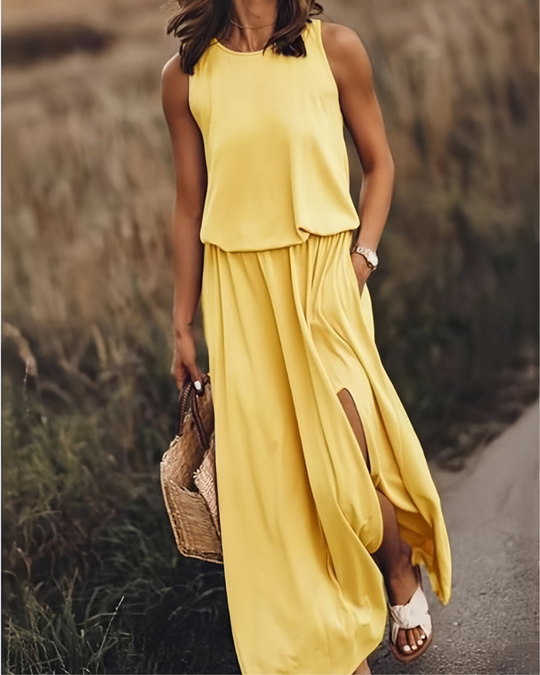 Damen Sommer Maxikleid mit Schlitz | Ärmelloses Kleid mit Taschen und Rundhals