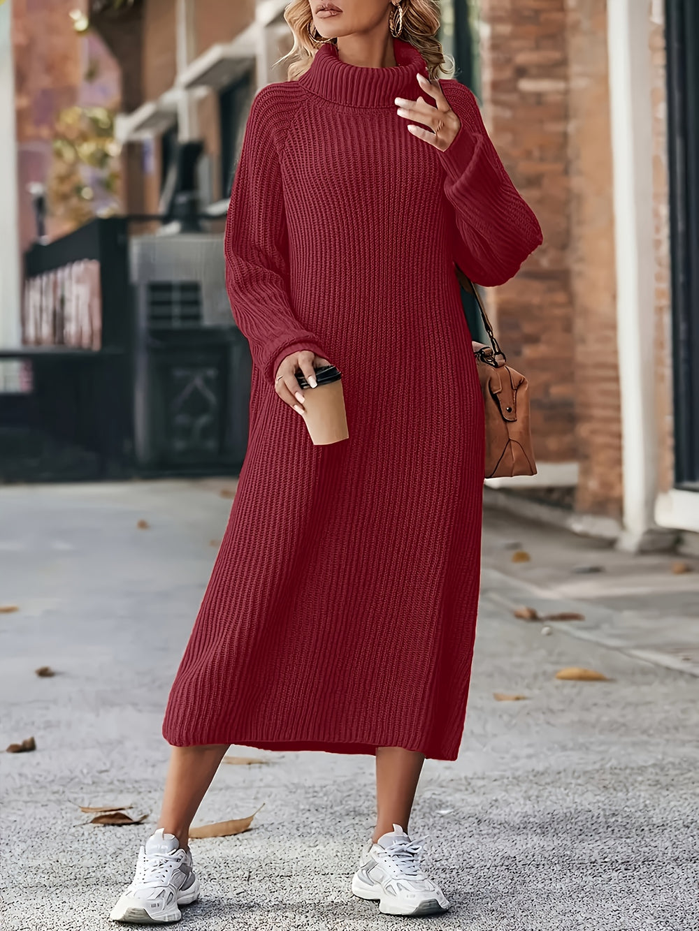Damen Midi-Strickkleid | Hoher Kragen und Langarm