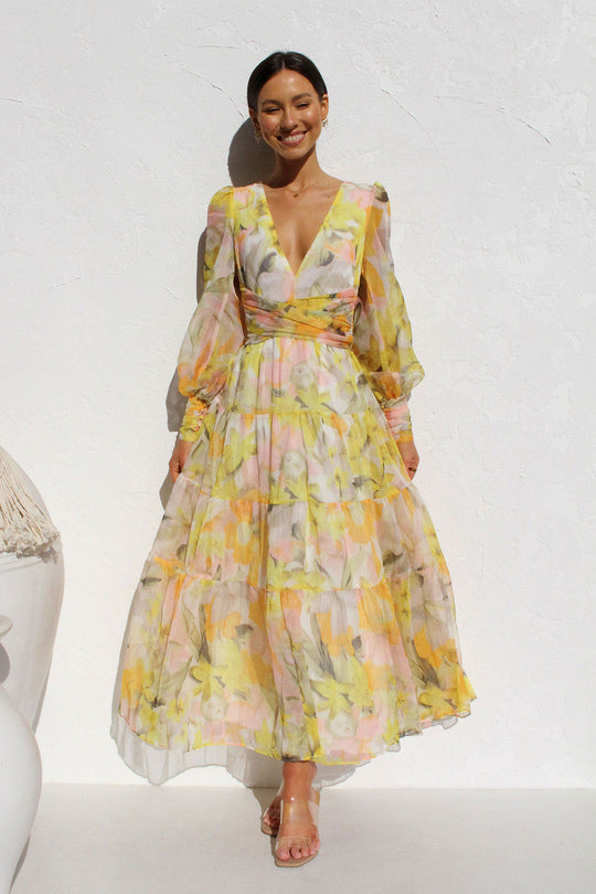 Damen Sommer-Wickelkleid mit V-Ausschnitt und langen Ärmeln