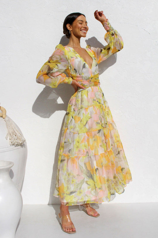 Damen Sommer-Wickelkleid mit V-Ausschnitt und langen Ärmeln