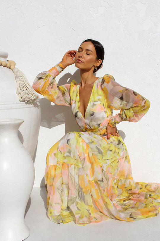 Damen Sommer-Wickelkleid mit V-Ausschnitt und langen Ärmeln