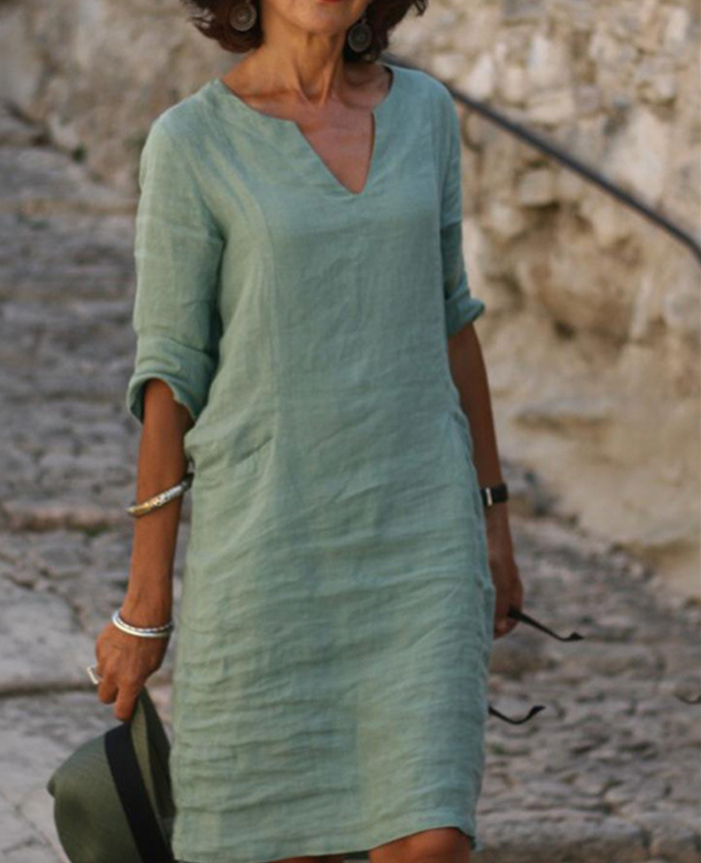 V-Ausschnitt Leinen-Midikleid für Damen