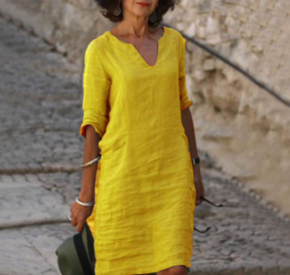 V-Ausschnitt Leinen-Midikleid für Damen