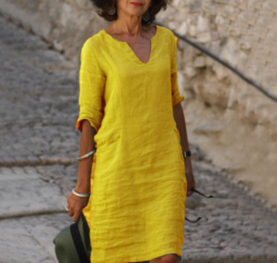 V-Ausschnitt Leinen-Midikleid für Damen