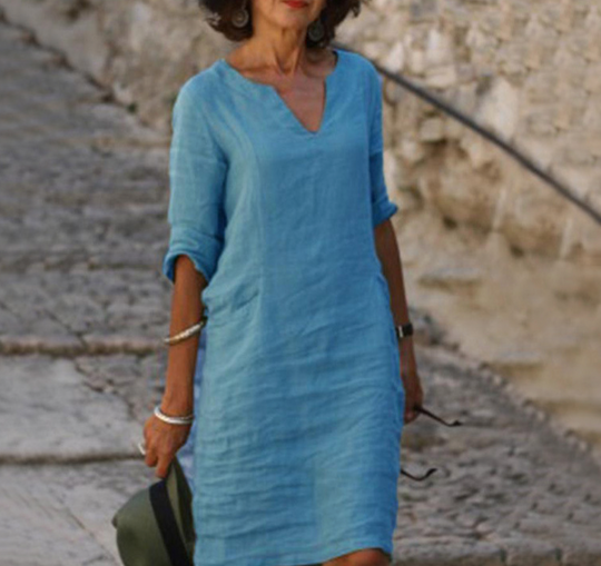 V-Ausschnitt Leinen-Midikleid für Damen