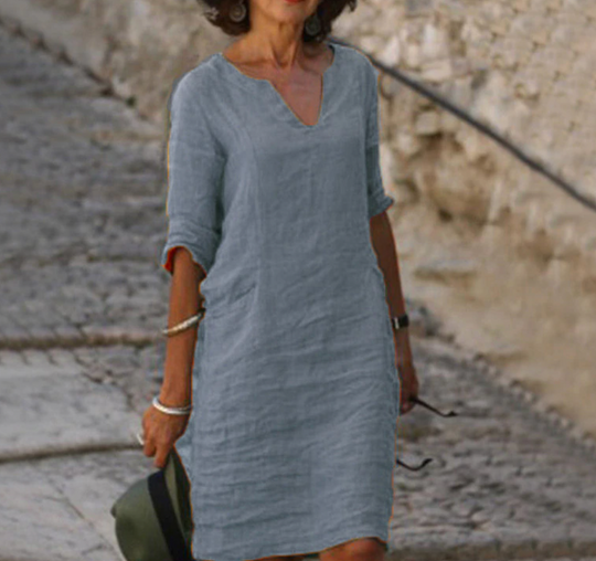 V-Ausschnitt Leinen-Midikleid für Damen