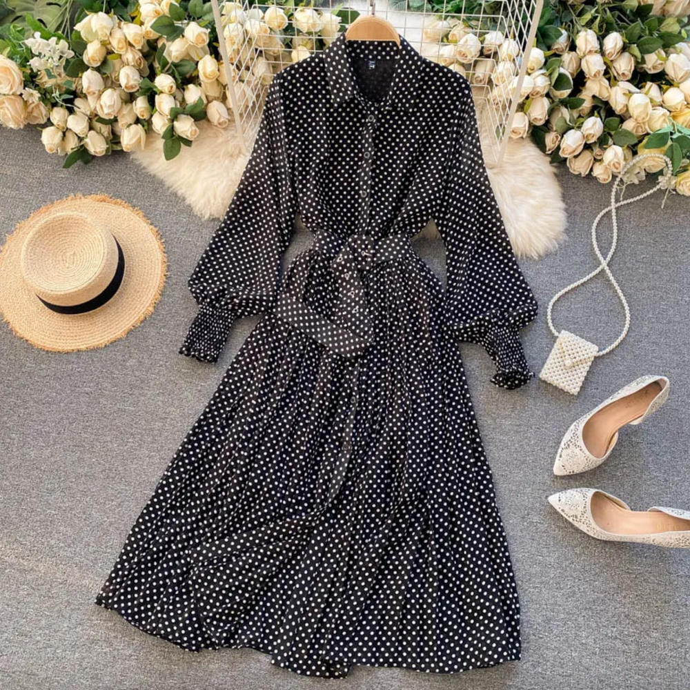 Puffärmeln Maxikleid mit Polka-Dots und Gürtel für Damen