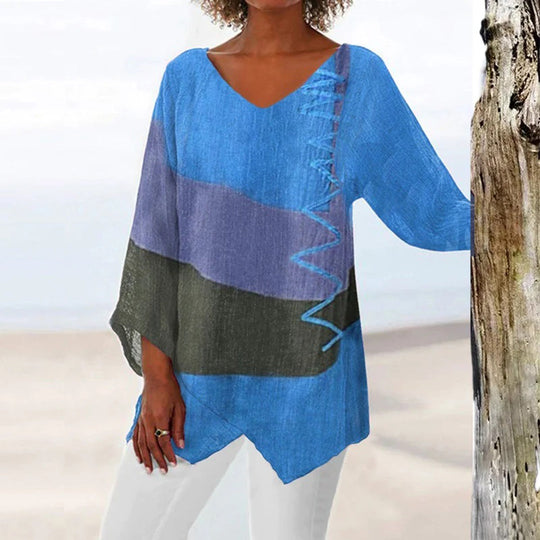 Colorblock V-Ausschnitt Leinenbluse für Damen