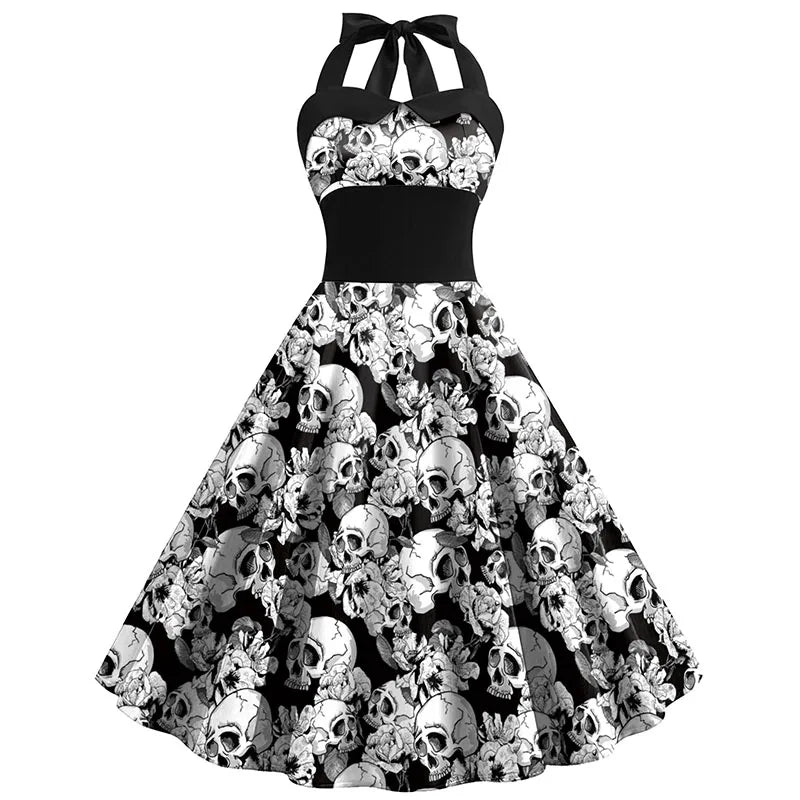 Damen Halloween Rockabilly Kleid | Totenkopf Design mit Neckholder