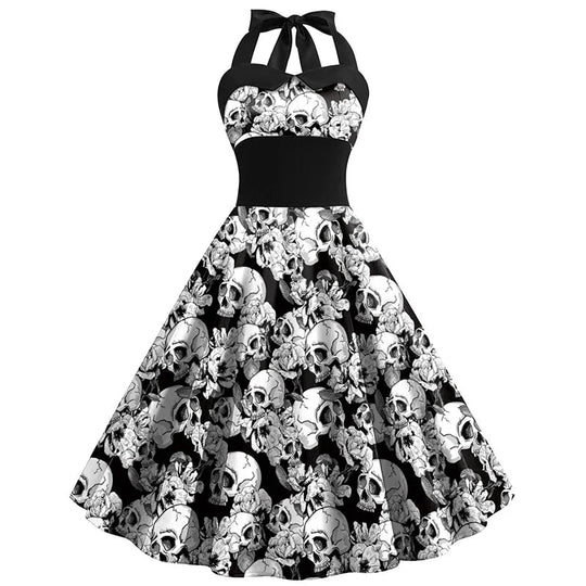 Damen Halloween Rockabilly Kleid | Totenkopf Design mit Neckholder