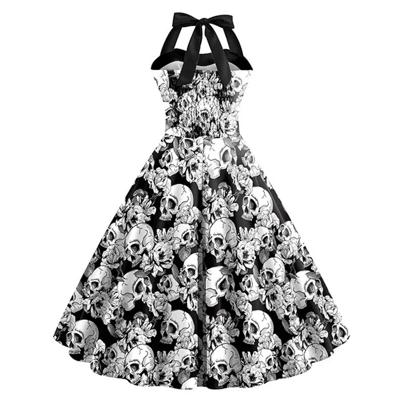 Damen Halloween Rockabilly Kleid | Totenkopf Design mit Neckholder