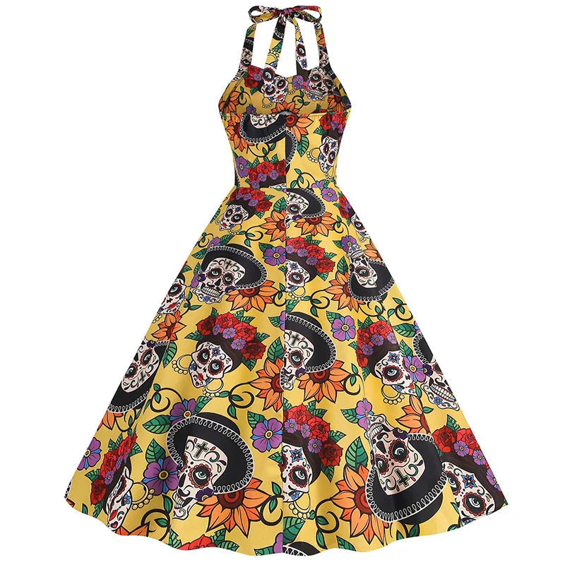 Damen Halloween Rockabilly Kleid | Totenkopf Design mit Neckholder