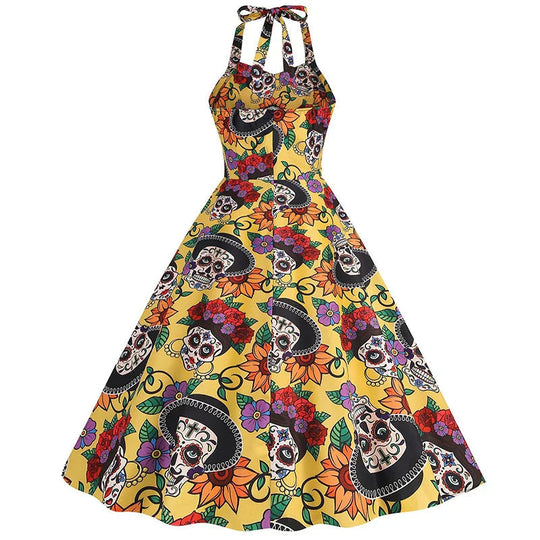 Damen Halloween Rockabilly Kleid | Totenkopf Design mit Neckholder