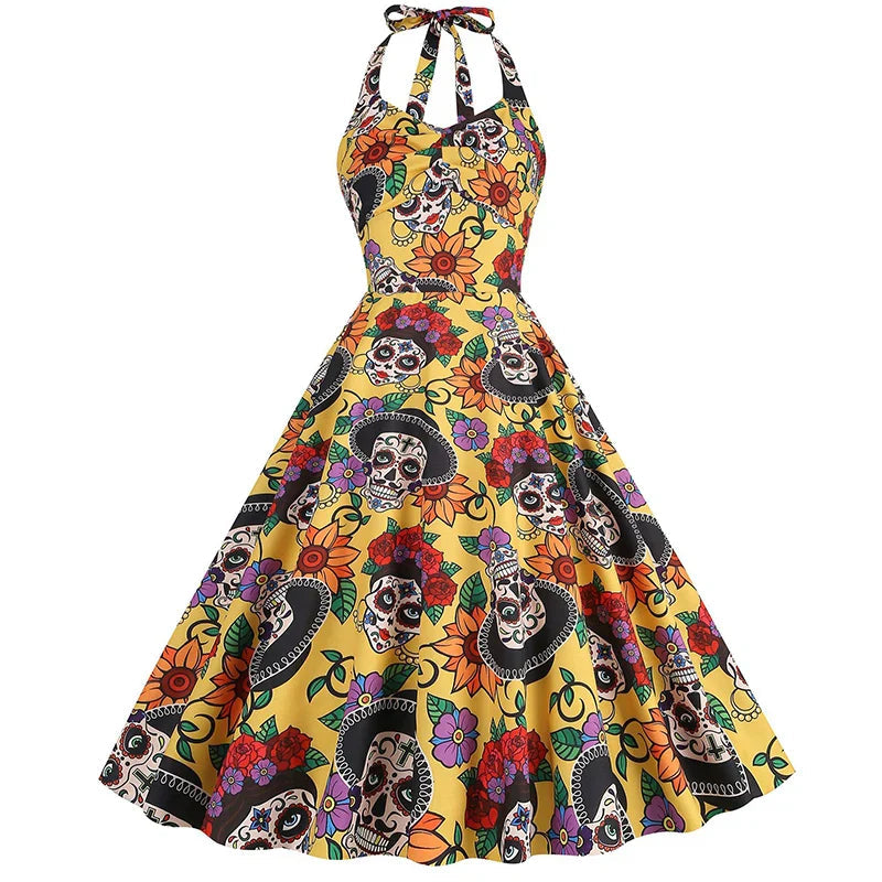 Damen Halloween Rockabilly Kleid | Totenkopf Design mit Neckholder