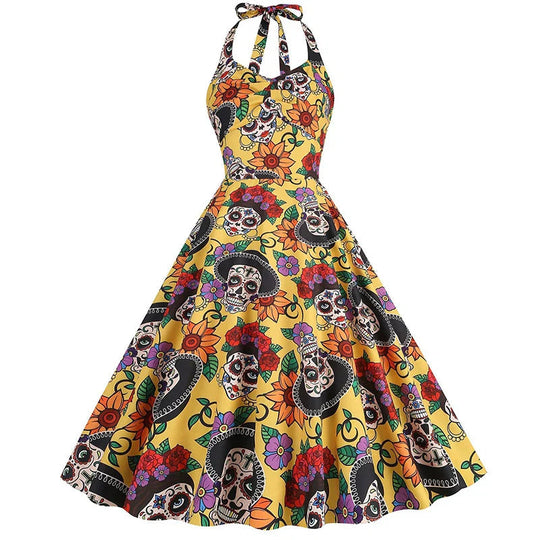 Damen Halloween Rockabilly Kleid | Totenkopf Design mit Neckholder