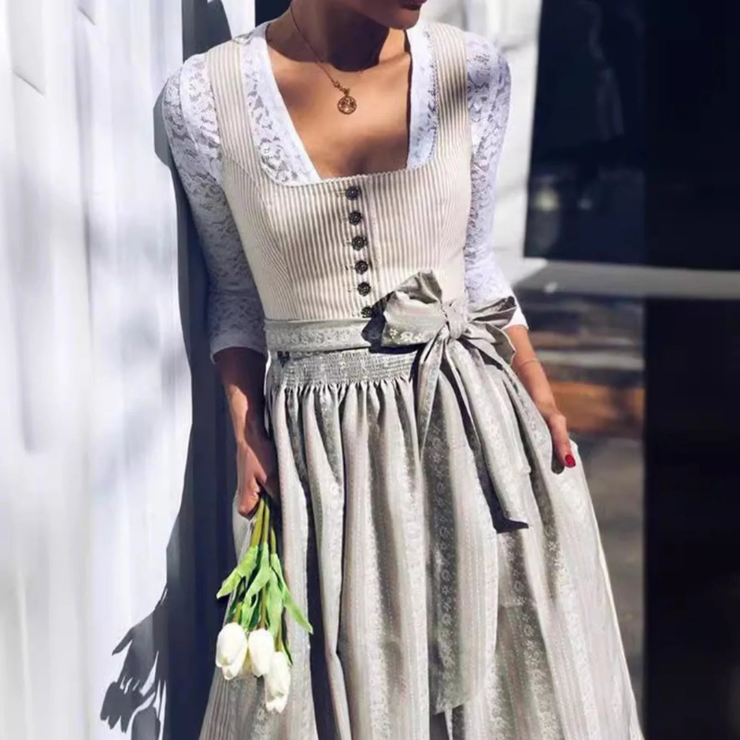 Damen Elegantes Graues Dirndlkleid | Knielang Trachtenkleid für Oktoberfest 0
