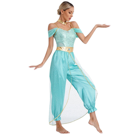 Damen Halloween Kostüm Jumpsuit | Orientalischer Harem-Stil mit Glitzerdetails