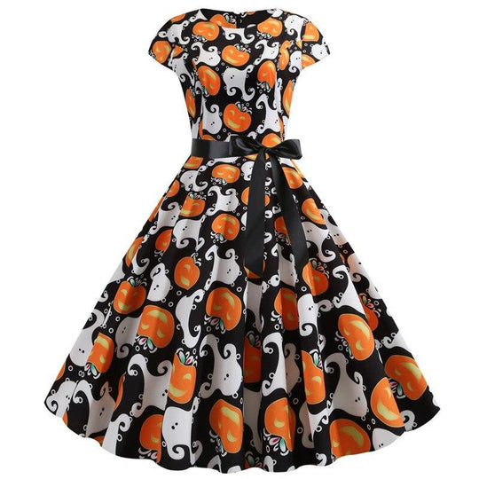 Damen Kleid mit Print Kurzarm & Ausgestellter Knie-Länge | Midi