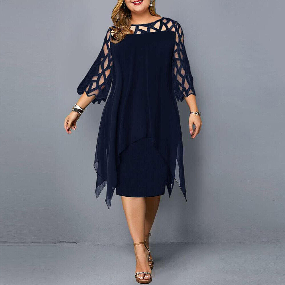 Damen Stilvolles Midi-Kleid | Elegantes Übergrößen Kleid für Hochzeitsgast 0
