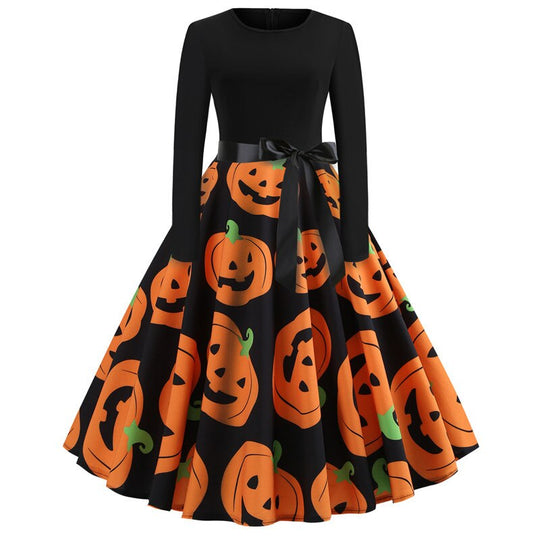 Damen Halloween-Kleid mit Print | Langarm & Ausgestellter Schnitt