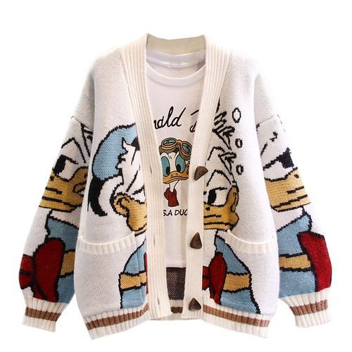Geknöpfte Strickjacke mit Cartoon-Entendesign für Frauen