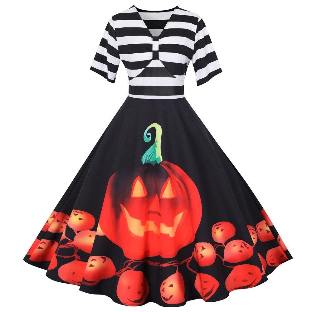 Damen Halloween-Kleid mit Kürbis-Print Gestreiftes Oberteil | Midi
