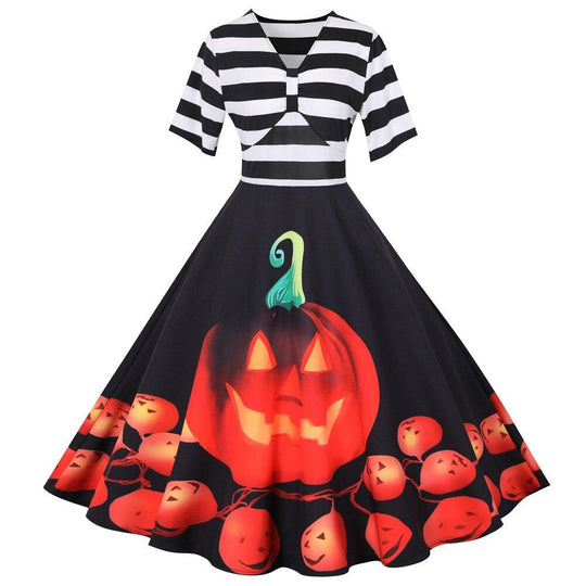 Damen Halloween-Kleid mit Kürbis-Print Gestreiftes Oberteil | Midi