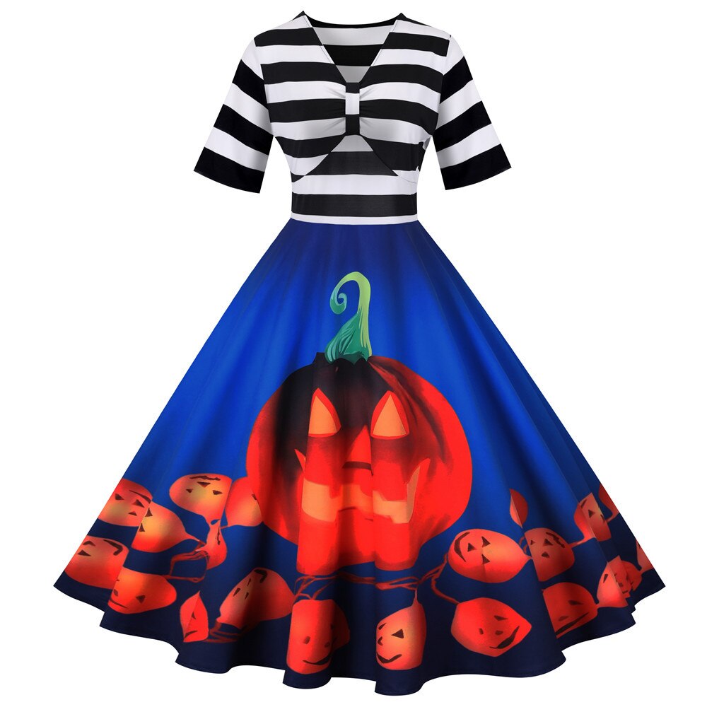 Damen Halloween-Kleid mit Kürbis-Print Gestreiftes Oberteil | Midi