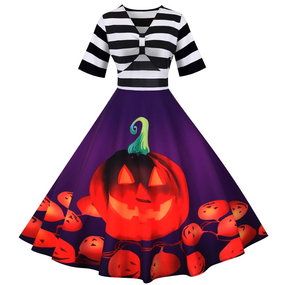 Damen Halloween-Kleid mit Kürbis-Print Gestreiftes Oberteil | Midi