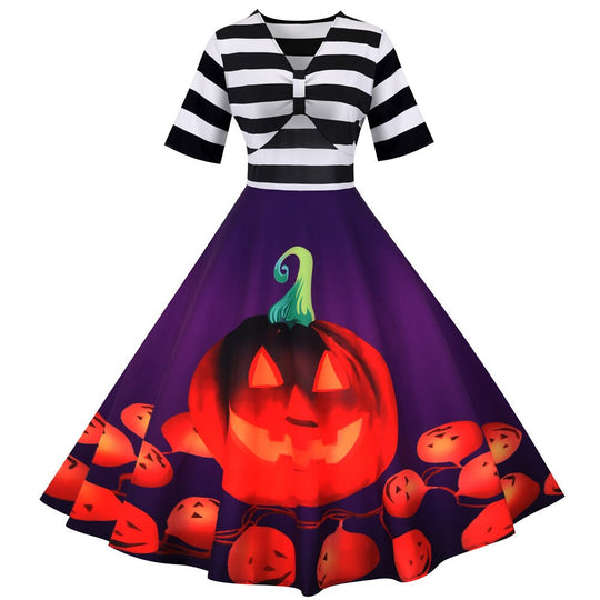 Damen Halloween-Kleid mit Kürbis-Print Gestreiftes Oberteil | Midi