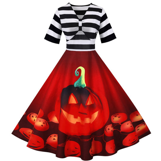 Damen Halloween-Kleid mit Kürbis-Print Gestreiftes Oberteil | Midi