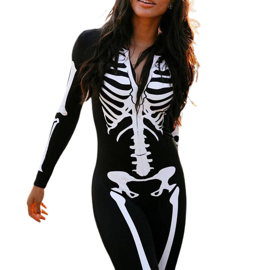 Damen Skelett Jumpsuit mit Print | Langarm Einteiler