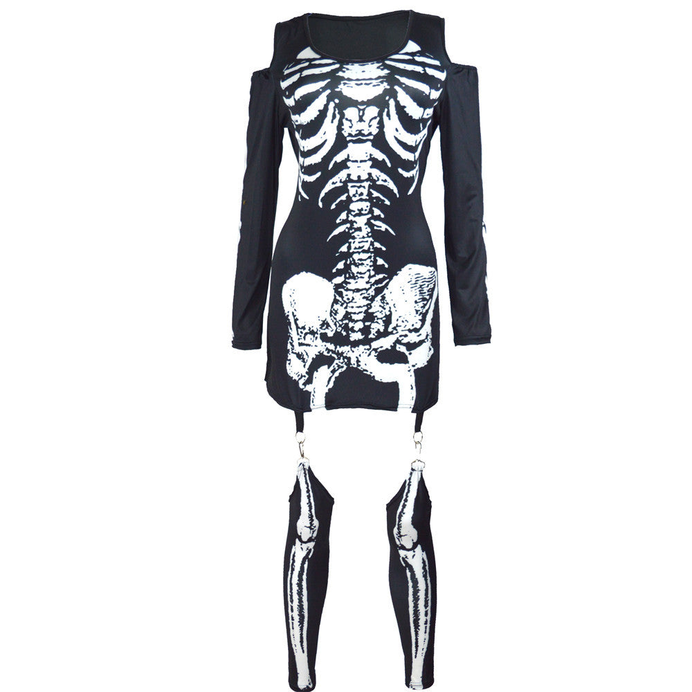 Damen Halloween-Kostüm Set mit Skelett-Print | Schulterfrei & Leggings