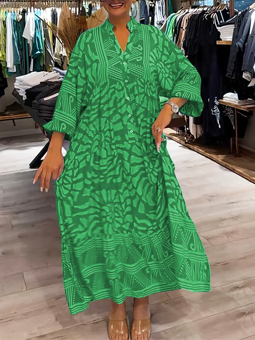 Lockeres Bedrucktes Kleid mit Knöpfen für Damen