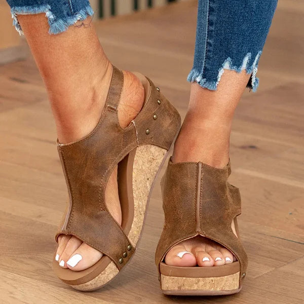 Offene Zehen Keil Leder Sandalen für Damen
