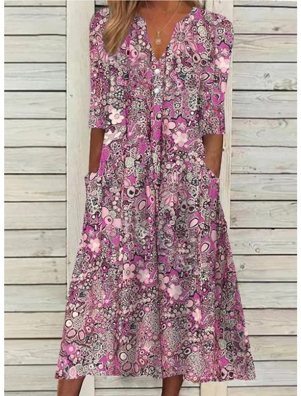 Halblanges Blumenkleid mit Taschen für Damen