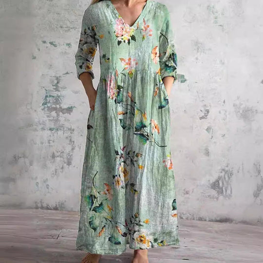 Damen Sommer-Maxikleid mit Blumenmuster und V-Ausschnitt