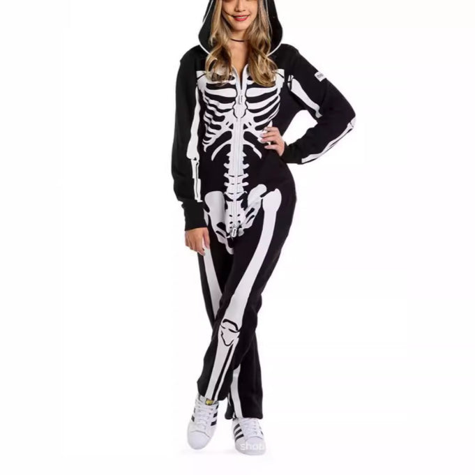 Damen Skelett Jumpsuit mit Print | Langarm Einteiler