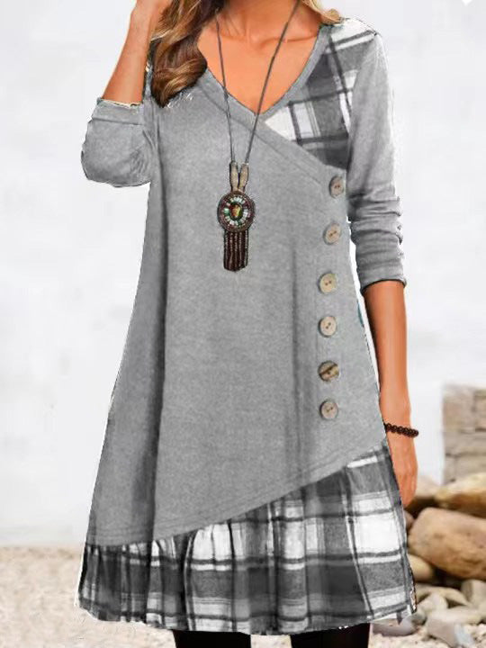 Langarm Karodetails Kleid für Damen