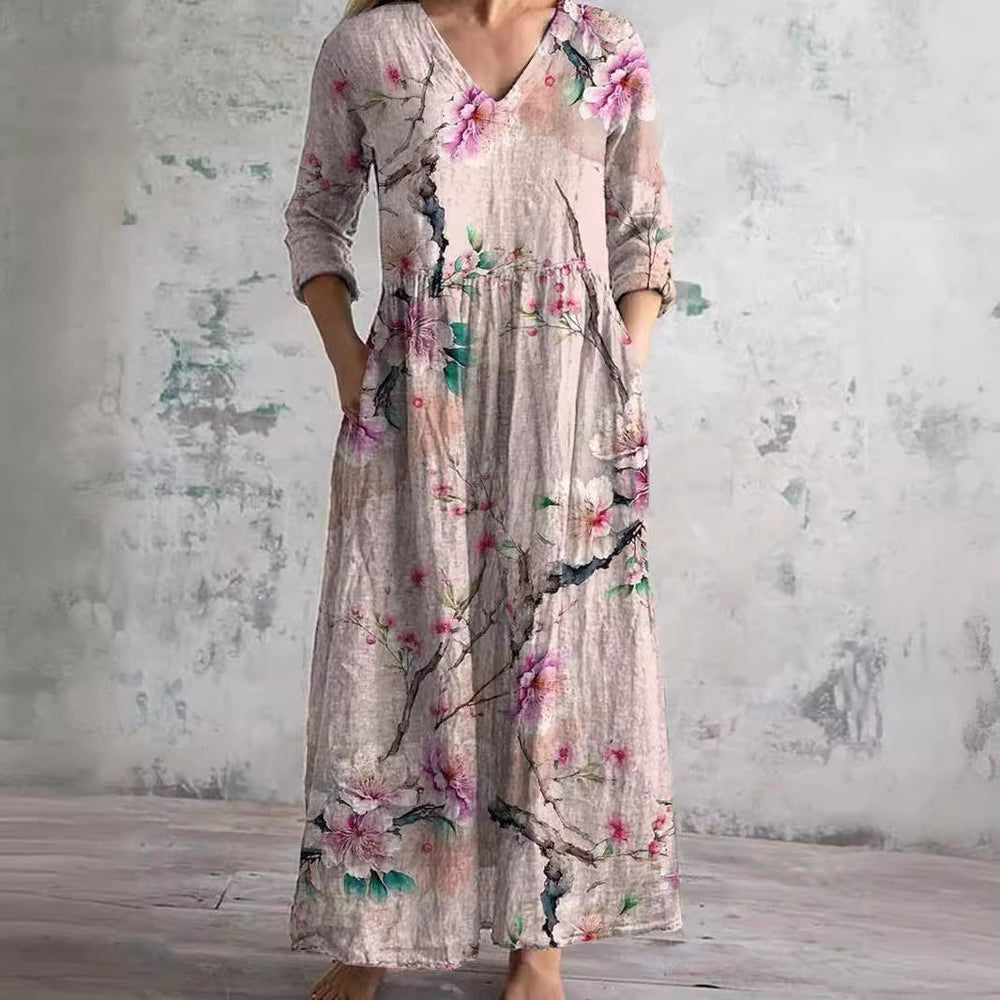 Damen Sommer-Maxikleid mit Blumenmuster und V-Ausschnitt