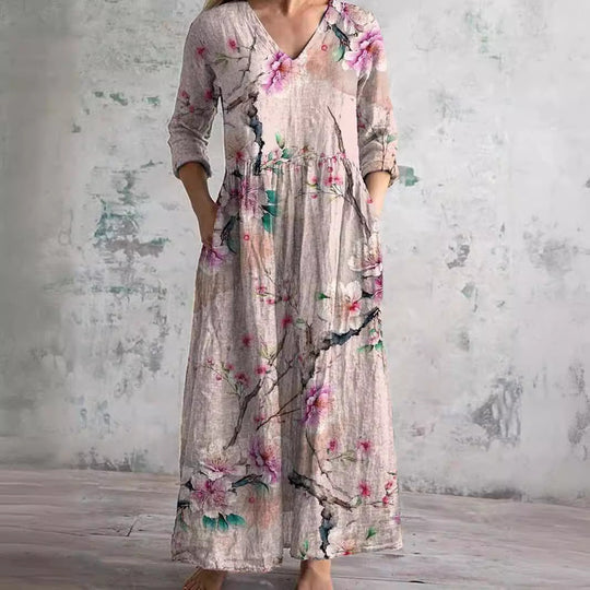 Damen Sommer-Maxikleid mit Blumenmuster und V-Ausschnitt