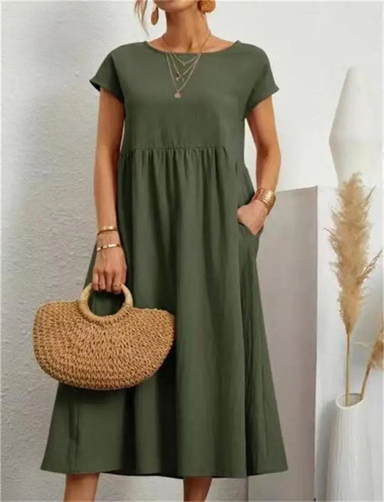 Leinen Kurzarm Midikleid mit Taschen für Damen