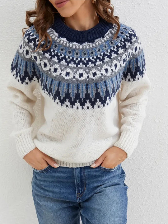 Norweger Grobstrickpullover Damen | Langarm Mit Rundhals Und Muster