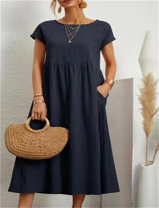 Leinen Kurzarm Midikleid mit Taschen für Damen