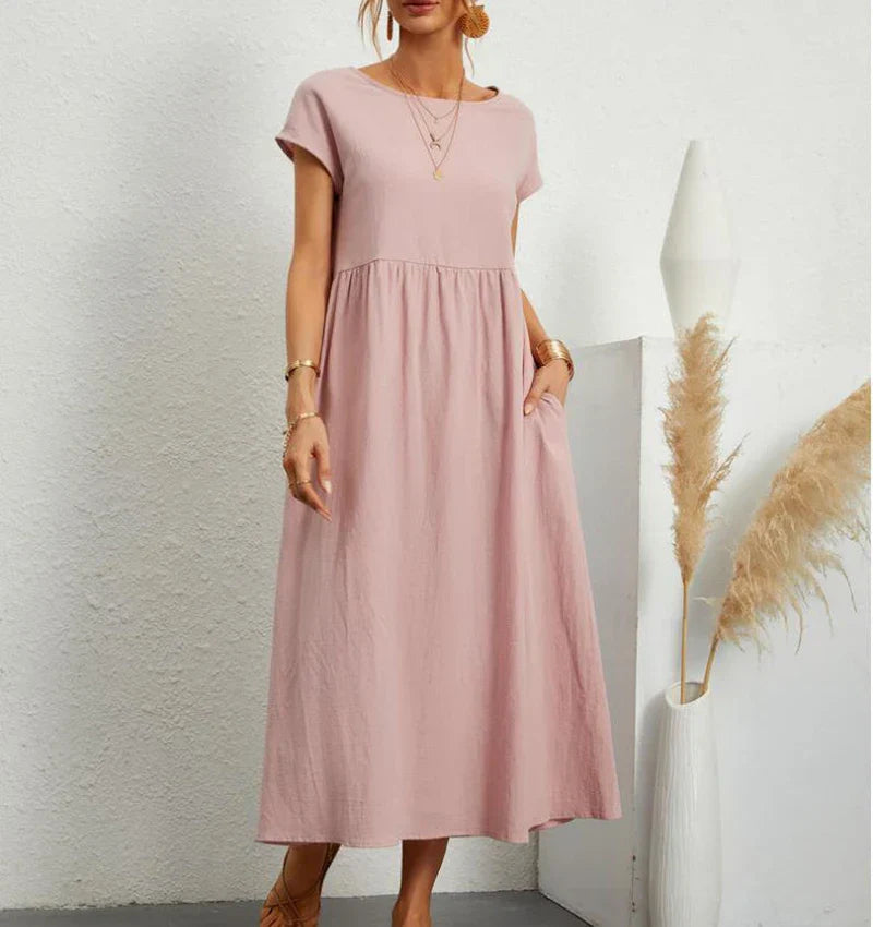 Leinen Kurzarm Midikleid mit Taschen für Damen