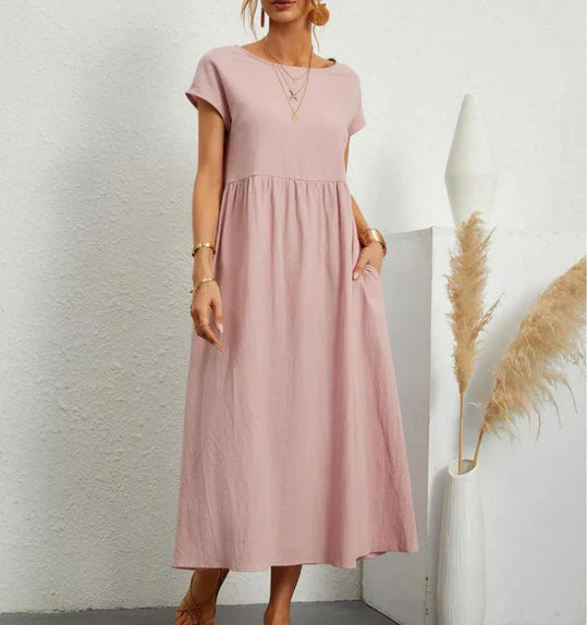 Leinen Kurzarm Midikleid mit Taschen für Damen