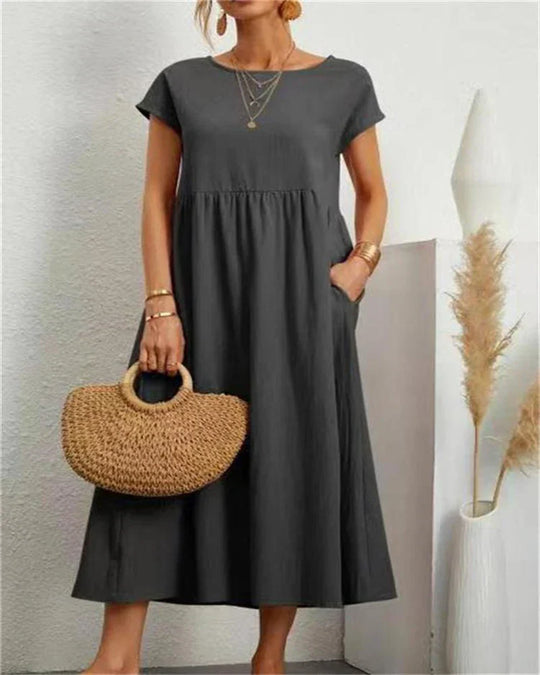 Leinen Kurzarm Midikleid mit Taschen für Damen