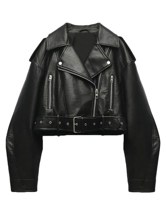 Bikerjacke Damen Kurz | Kurz geschnitten mit Reißverschluss und Gürtel