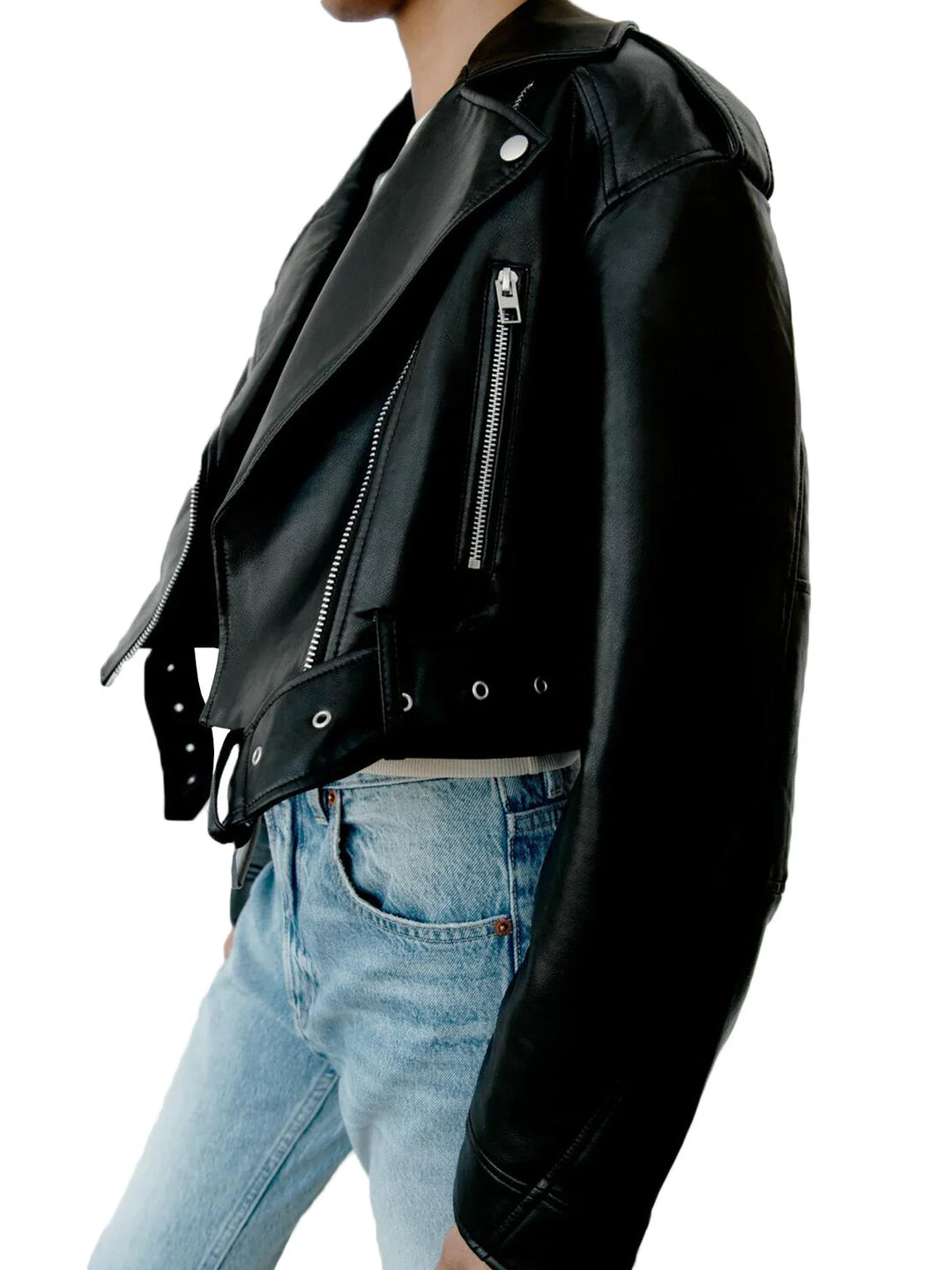 Bikerjacke Damen Kurz | Kurz geschnitten mit Reißverschluss und Gürtel