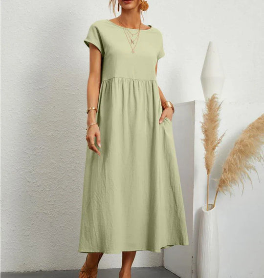 Leinen Kurzarm Midikleid mit Taschen für Damen